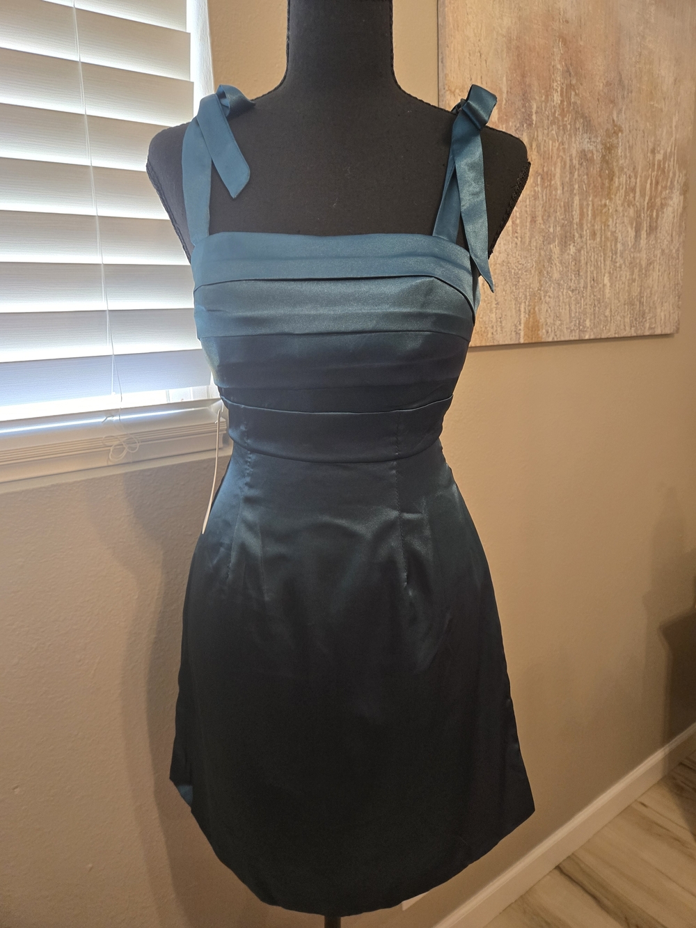 Teal Satin Tie-Shoulder Cocktail Dress